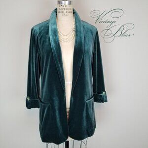 Anne Klein Rich Green Velvet Open Front 3/4 Length Sleeve Blazer * Medium